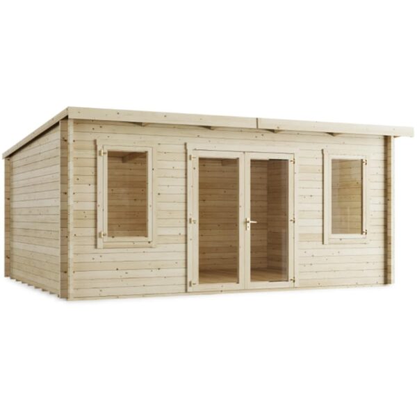 BillyOh Fraya 5m x 4m Log Cabin Summer House Shed with Standard Treatment Wood, Modern Pent Roof, Double Doors & Shatterproof Windows – Garden Room