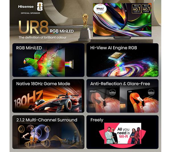 Hisense UR8S RGB Mini LED 4K 180Hz AI Smart TV with Freely